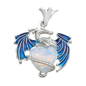 Alloy Dragon Pendant Pave White Opalite Heart Blue Enamel Platinum Plated, approx 15mm, 25-30mm