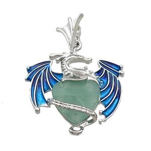 Alloy Dragon Pendant Pave Green Aventurine Heart Blue Enamel Platinum Plated, approx 15mm, 25-30mm
