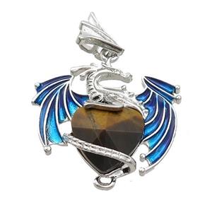 Alloy Dragon Pendant Pave Tiger Eye Stone Heart Blue Enamel Platinum Plated, approx 15mm, 25-30mm
