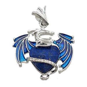Alloy Dragon Pendant Pave Blue Lapis Lazuli Heart Blue Enamel Platinum Plated, approx 15mm, 25-30mm