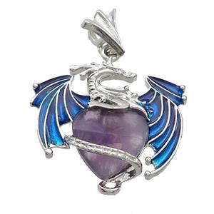 Alloy Dragon Pendant Pave Purple Amethyst Heart Blue Enamel Platinum Plated, approx 15mm, 25-30mm