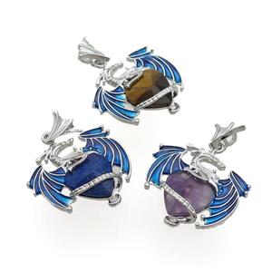 Alloy Dragon Pendant Pave Gemstone Heart Blue Enamel Platinum Plated Mixed, approx 15mm, 25-30mm