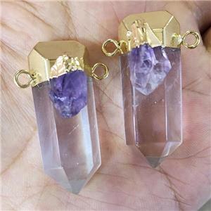 Natural Clear Quartz Bullet Pendant With Amethyst 2loops Gold Plated, approx 15-35mm