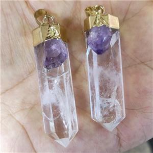 Natural Clear Quartz Bullet Pendant With Amethyst Gold Plated, approx 15-45mm