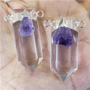 Natural Clear Quartz Bullet Pendant With Amethyst 2loops Silver Plated, approx 15-35mm
