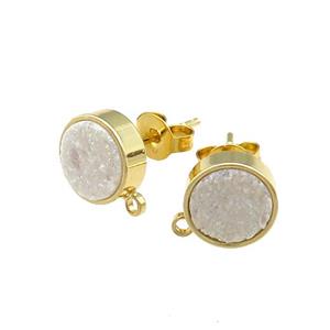 White Druzy Quartz Stud Earrings Gold Plated, approx 8mm