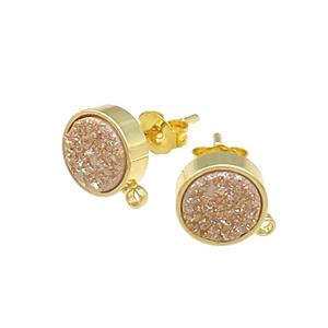Champagne Druzy Quartz Stud Earrings Gold Plated, approx 8mm