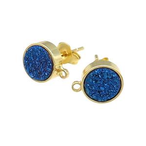 Blue Druzy Quartz Stud Earrings Gold Plated, approx 8mm