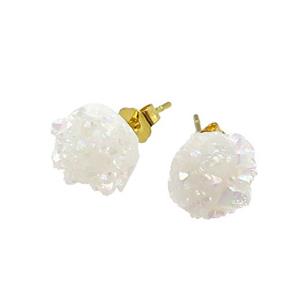 White AB-Color Druzy Quartz Stud Earrings Gold Plated, approx 8mm