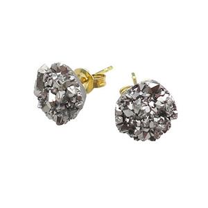 Silver Druzy Quartz Stud Earrings Gold Plated, approx 8mm