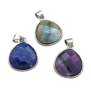 Mixed Natural Gemstone Teardrop Pendant Platinum Plated, approx 15mm