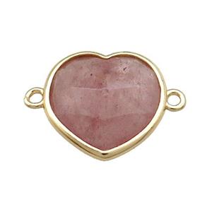 Pink Strawberry Quartz Heart Connector Gold Plated, approx 17mm