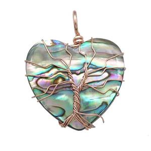 Abalone Shell Heart Pendant Tree Of Life Copper Wire Wrapped Rose Gold, approx 30mm