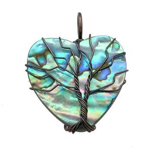 Abalone Shell Heart Pendant Tree Of Life Copper Wire Wrapped Black Plated, approx 30mm