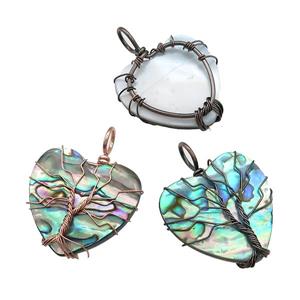 Abalone Shell Heart Pendant Tree Of Life Copper Wire Wrapped Mixed, approx 30mm