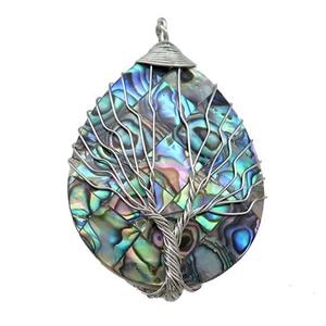 Abalone Shell Teardrop Pendant Tree Of Life Copper Wire Wrapped Plaitnum, approx 30-40mm