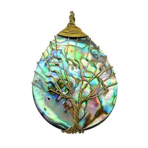 Abalone Shell Teardrop Pendant Tree Of Life Raw Brass Wire Wrapped, approx 30-40mm
