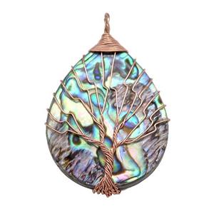 Abalone Shell Teardrop Pendant Tree Of Life Copper Wire Wrapped Rose Gold, approx 30-40mm