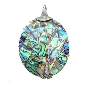 Abalone Shell Oval Pendant Tree Of Life Copper Wire Wrapped Platinum, approx 30-40mm
