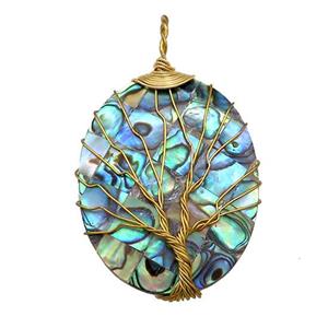 Abalone Shell Oval Pendant Tree Of Life Raw Brass Wire Wrapped, approx 30-40mm