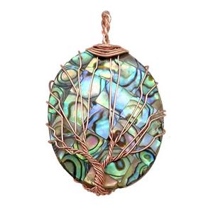 Abalone Shell Oval Pendant Tree Of Life Copper Wire Wrapped Rose Gold, approx 30-40mm