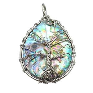 Abalone Shell Teardrop Pendant Tree Of Life Copper Wire Wrapped Platinum, approx 35-45mm