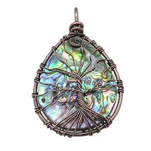 Abalone Shell Teardrop Pendant Tree Of Life Copper Wire Wrapped Antique Red, approx 35-45mm