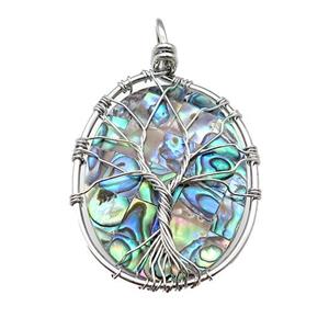 Abalone Shell Oval Pendant Tree Of Life Copper Wire Wrapped Platinum, approx 35-45mm