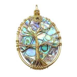 Abalone Shell Oval Pendant Tree Of Life Copper Wire Wrapped Gold Plated, approx 35-45mm