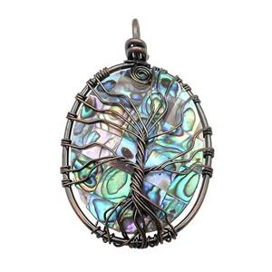 Abalone Shell Oval Pendant Tree Of Life Copper Wire Wrapped Antique Red, approx 35-45mm
