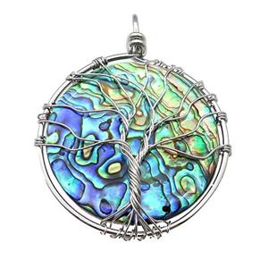 Abalone Shell Circle Pendant Tree Of Life Copper Wire Wrapped Platinum, approx 45mm