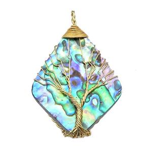 Abalone Shell Rhombus Pendant Tree Of Life Copper Wire Wrapped Gold Plated, approx 35-45mm