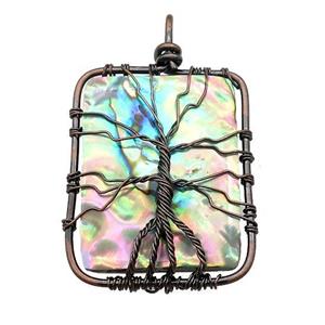 Abalone Shell Rectangle Pendant Tree Of Life Copper Wire Wrapped Antique Red, approx 35-45mm