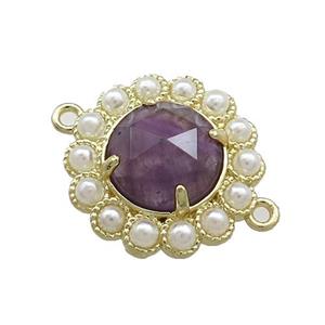 Copper Circle Connector Pave Purple Amethyst Pearlized Resin Gold Plated, approx 18mm