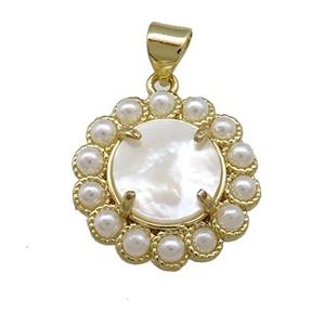 Copper Circle Pendant Pave White Shell Pearlized Resin Gold Plated, approx 18mm