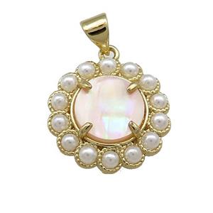 Copper Circle Pendant Pave Pink Queen Shell Pearlized Resin Gold Plated, approx 18mm