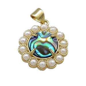 Copper Circle Pendant Pave Abalone Shell Pearlized Resin Gold Plated, approx 18mm