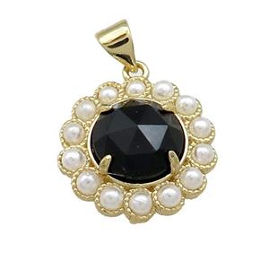 Copper Circle Pendant Pave Black Onyx Pearlized Resin Gold Plated, approx 18mm