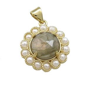 Copper Circle Pendant Pave Labradorite Pearlized Resin Gold Plated, approx 18mm