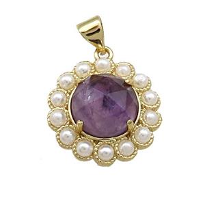 Copper Circle Pendant Pave Puprle Amethyst Pearlized Resin Gold Plated, approx 18mm