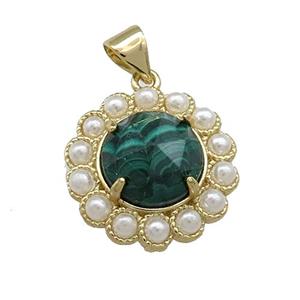 Copper Circle Pendant Pave Green Malachite Pearlized Resin Gold Plated, approx 18mm