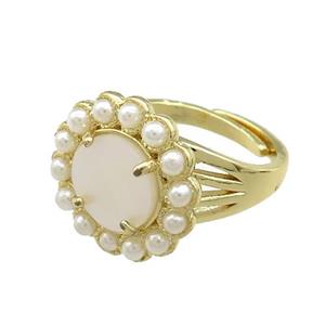 Copper Circle Rings Pave White Shell Pearlized Resin Adjustable Gold Plated, approx 18mm, 18mm dia