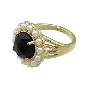 Copper Circle Rings Pave Black Onyx Pearlized Resin Adjustable Gold Plated, approx 18mm, 18mm dia