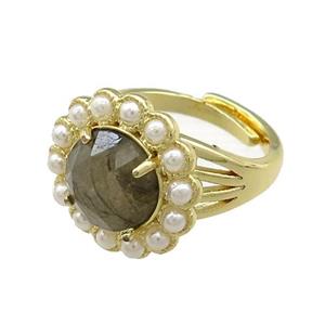 Copper Circle Rings Pave Labradorite Pearlized Resin Adjustable Gold Plated, approx 18mm, 18mm dia