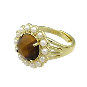 Copper Circle Rings Pave Tiger Eye Stone Pearlized Resin Adjustable Gold Plated, approx 18mm, 18mm dia
