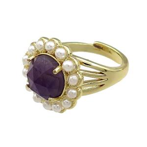Copper Circle Rings Pave Amethyst Pearlized Resin Adjustable Gold Plated, approx 18mm, 18mm dia