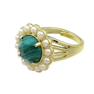 Copper Circle Rings Pave Green Malachite Pearlized Resin Adjustable Gold Plated, approx 18mm, 18mm dia