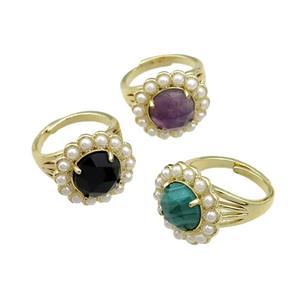 Copper Circle Rings Pave Gemstone Pearlized Resin Adjustable Gold Plated Mixed, approx 18mm, 18mm dia
