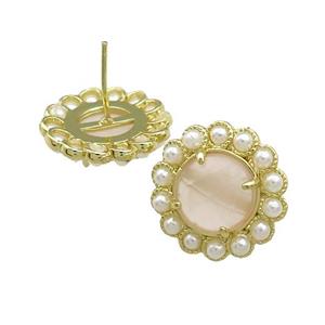 Copper Circle Stud Earrings Pave Rose Quartz Pearlized Resin Gold Plated, approx 18mm