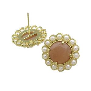 Copper Circle Stud Earrings Pave Peach Sunstone Pearlized Resin Gold Plated, approx 18mm